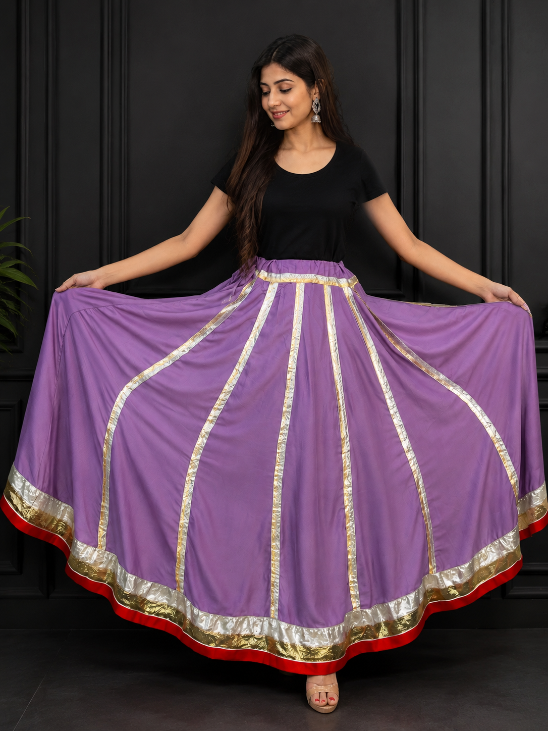 Flared Skirt with Golden Detailing & Red Border