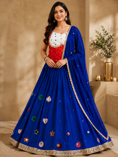Premium Real Mirror Work Lehenga Set with Contrast Dupatta – 3-Piece Ethnic Ensemble