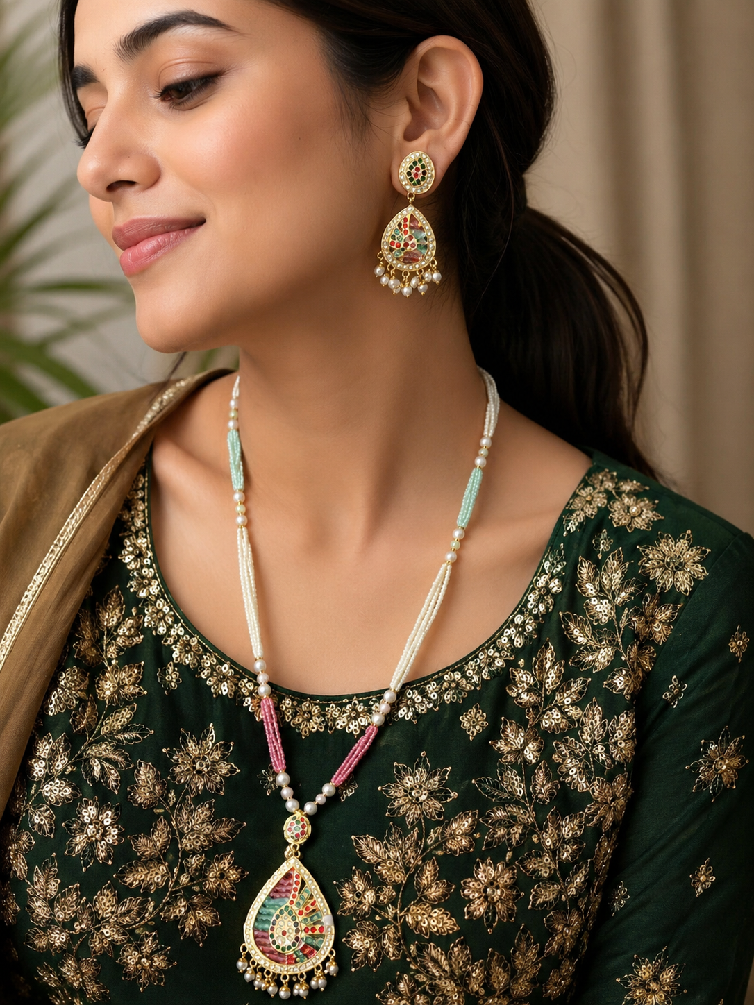 Kundan Meenakari Necklace Set with Pearl Beads & Matching Earrings | Multicolor Indian Jewellery