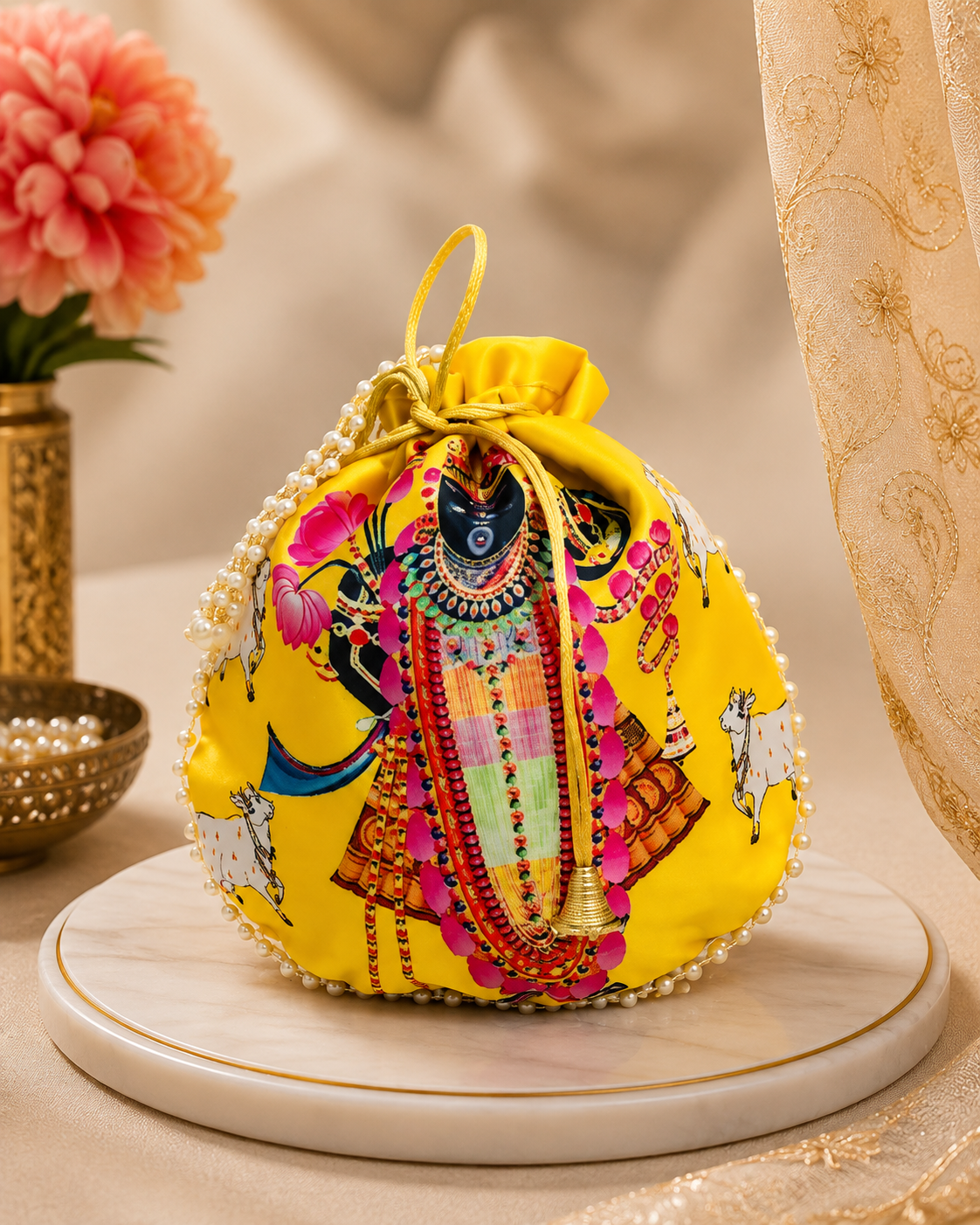 Shrinathji Digital Print Potli Bag for Women – Traditional Shagun Pouch with Pearl Handle | Wedding & Housewarming Gift