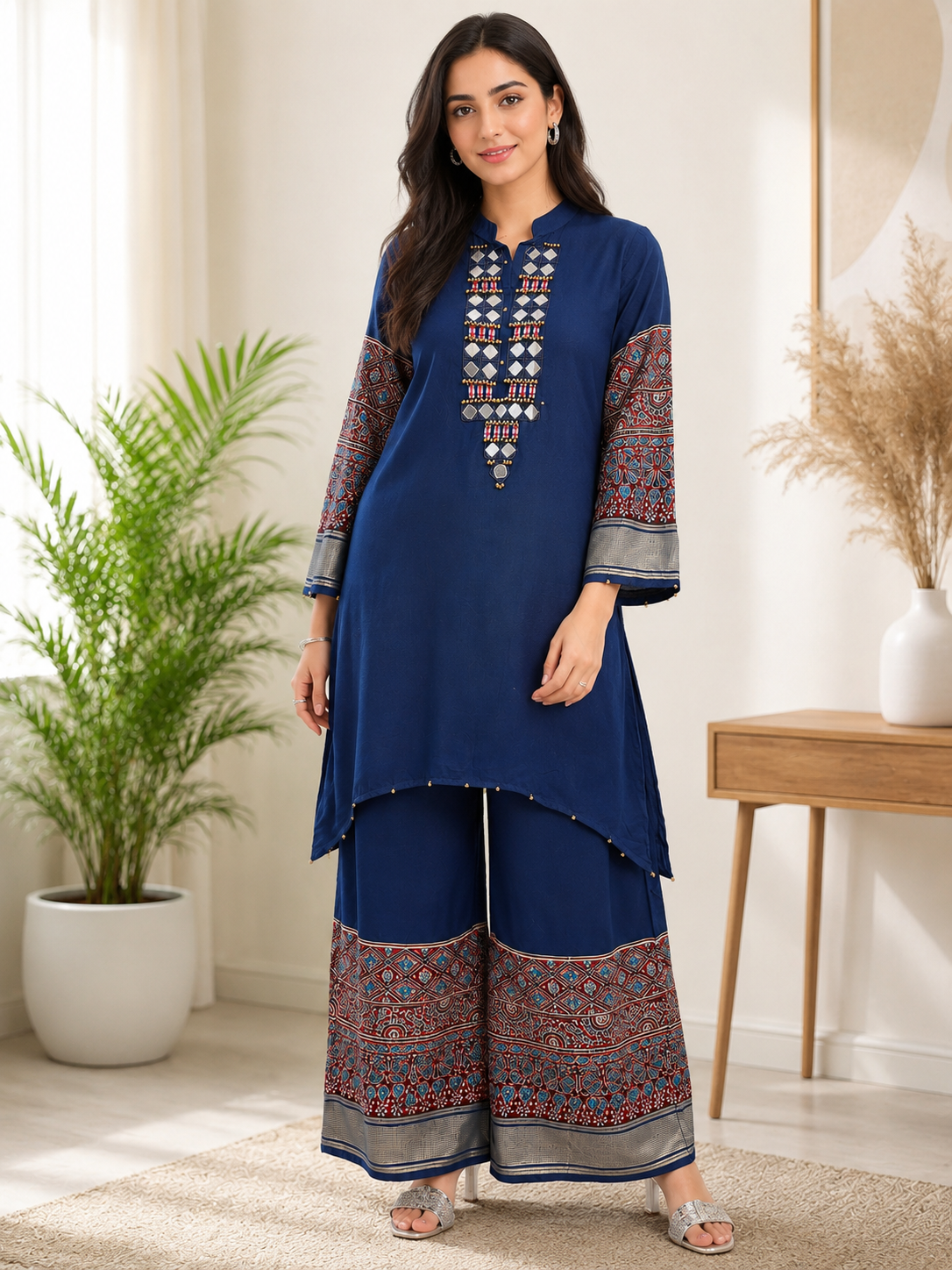 Blue Ajrakh Print Mirror Work Co-Ord Set for Women