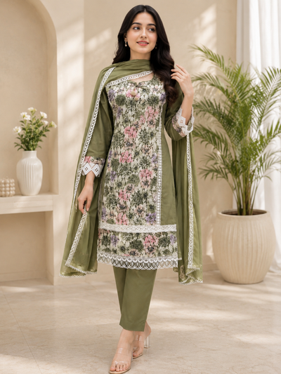 Cotton Silk Suit Set with Elegant Thread Embroidery &amp; Delicate Lace Work