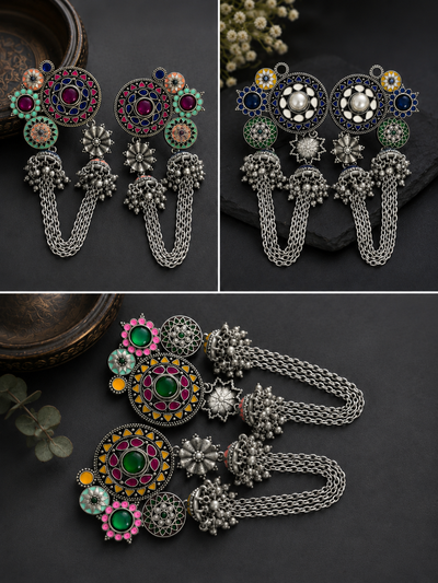 Silver Double Jhumki Rangeeli Earrings with Enamel & Pearl Drops