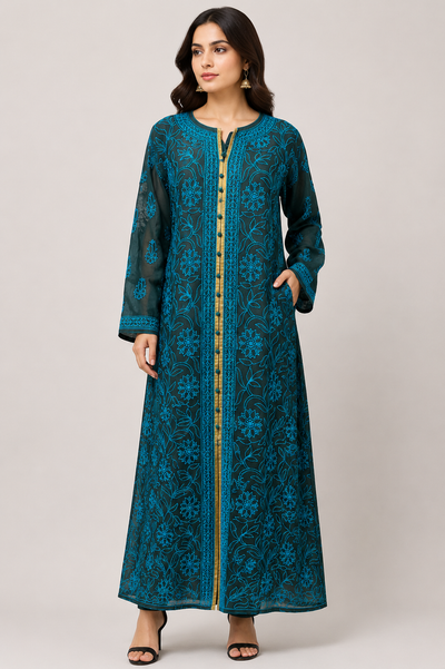 Lucknowi Chikankari Chanderi Long Kurti with Full Embroidery