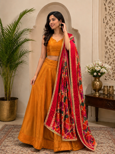 Tissue Shimmer Lehenga Set with Multicolor Phulkari Dupatta