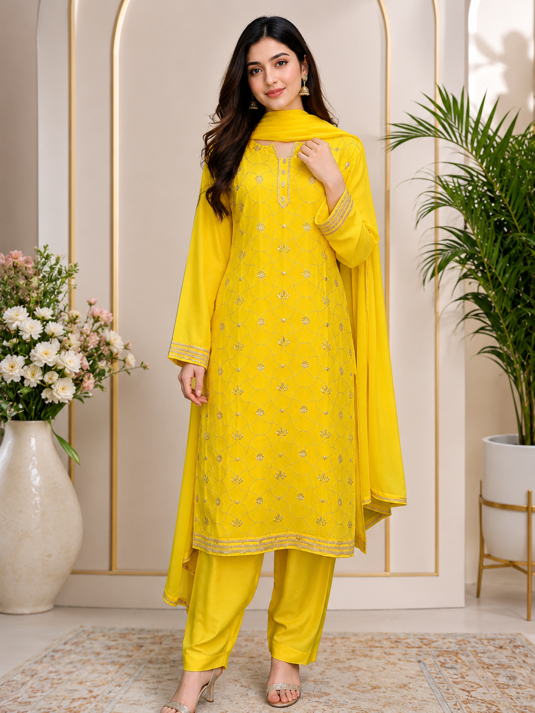 Lucknowi Chikankari Kurta Dupatta Set with Mukaish Work