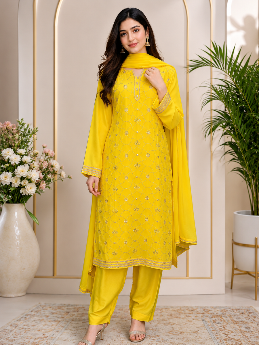 Lucknowi Chikankari Kurta Dupatta Set with Mukaish Work