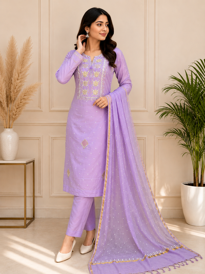 Mul Chanderi Lucknowi Chikankari Suit Set with Pitta & Pearl Work