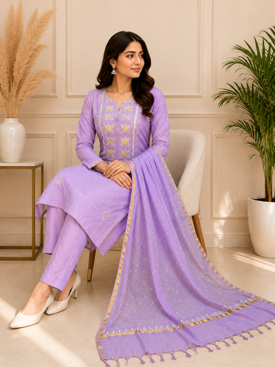 Mul Chanderi Lucknowi Chikankari Suit Set with Pitta & Pearl Work