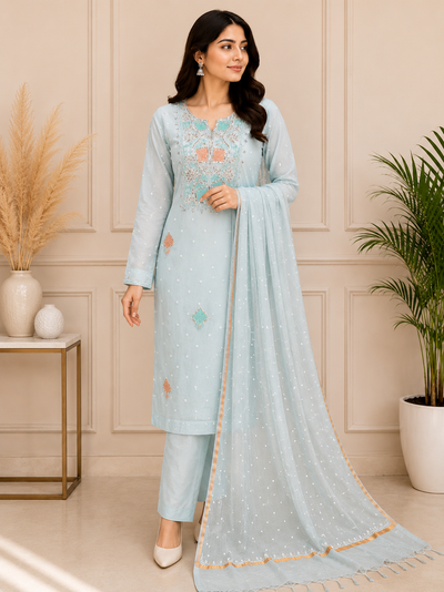 Mul Chanderi Lucknowi Chikankari Suit Set with Pitta & Pearl Work