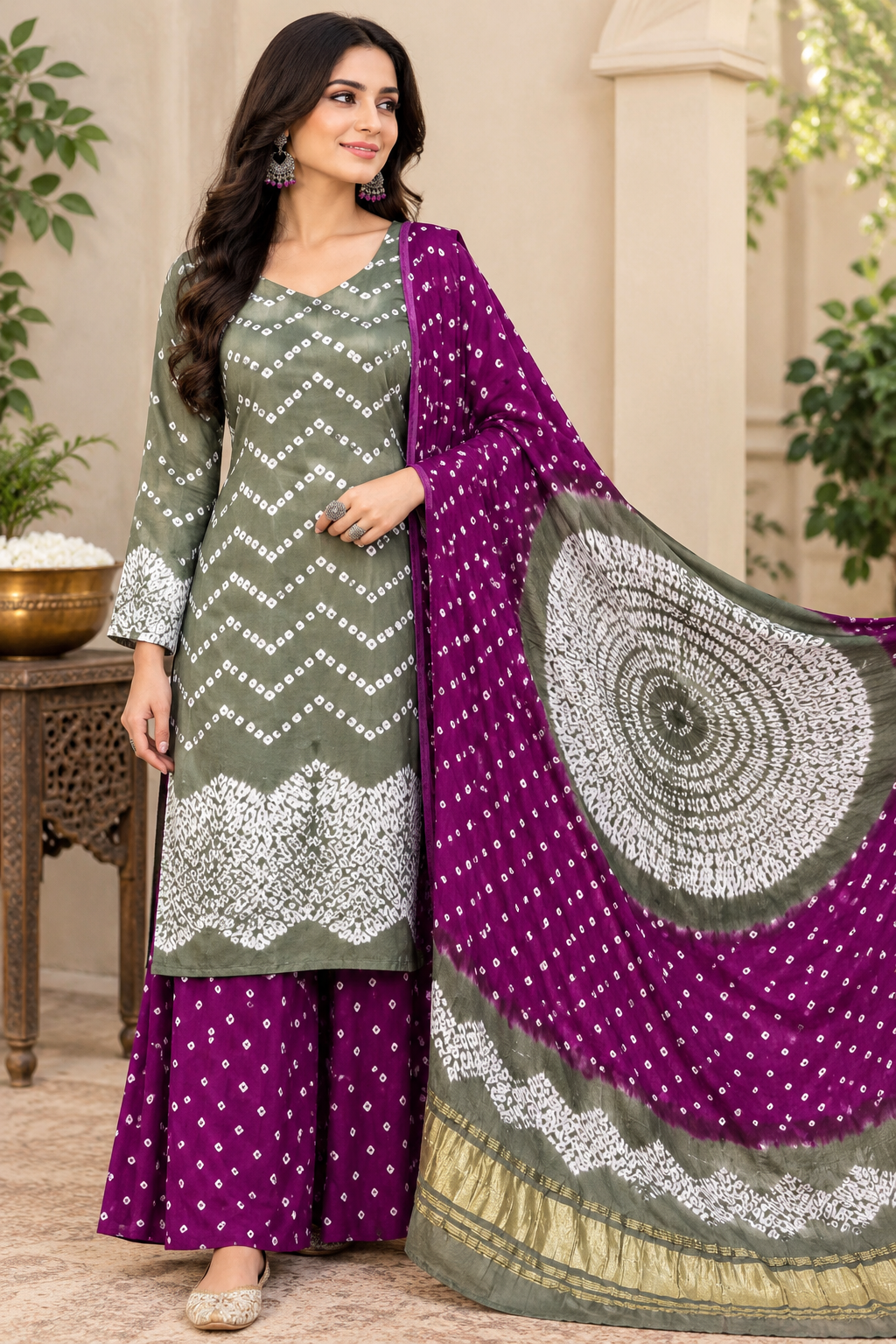 Pure Modal Silk Bandhani Shibori Suit Set with Mandala Motif