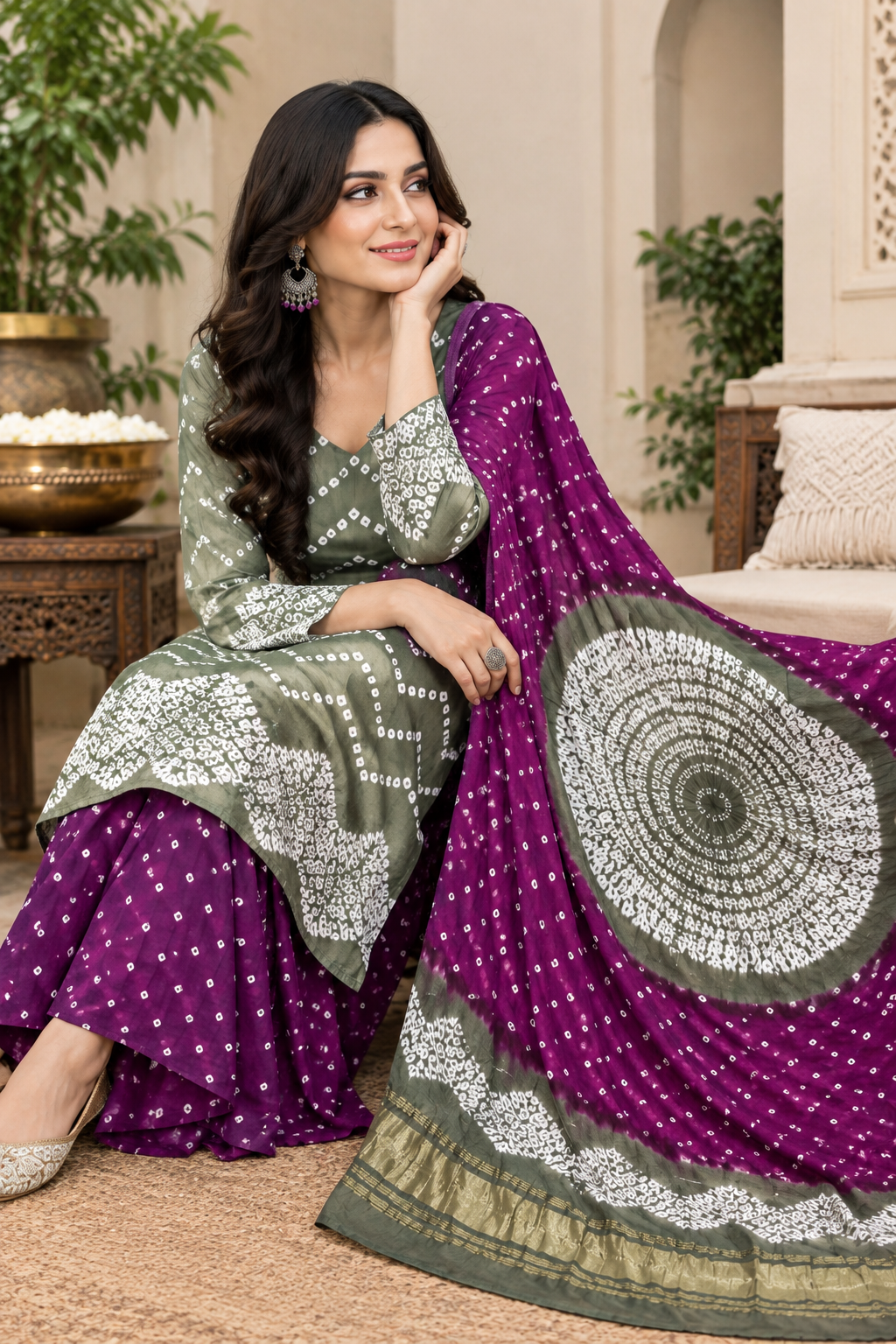 Pure Modal Silk Bandhani Shibori Suit Set with Mandala Motif