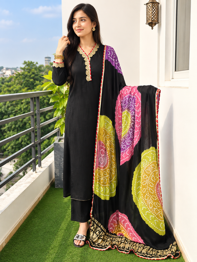 Modal Silk 3-Piece Bandhani Suit Set with Lace-Detail Neck & Sleeves