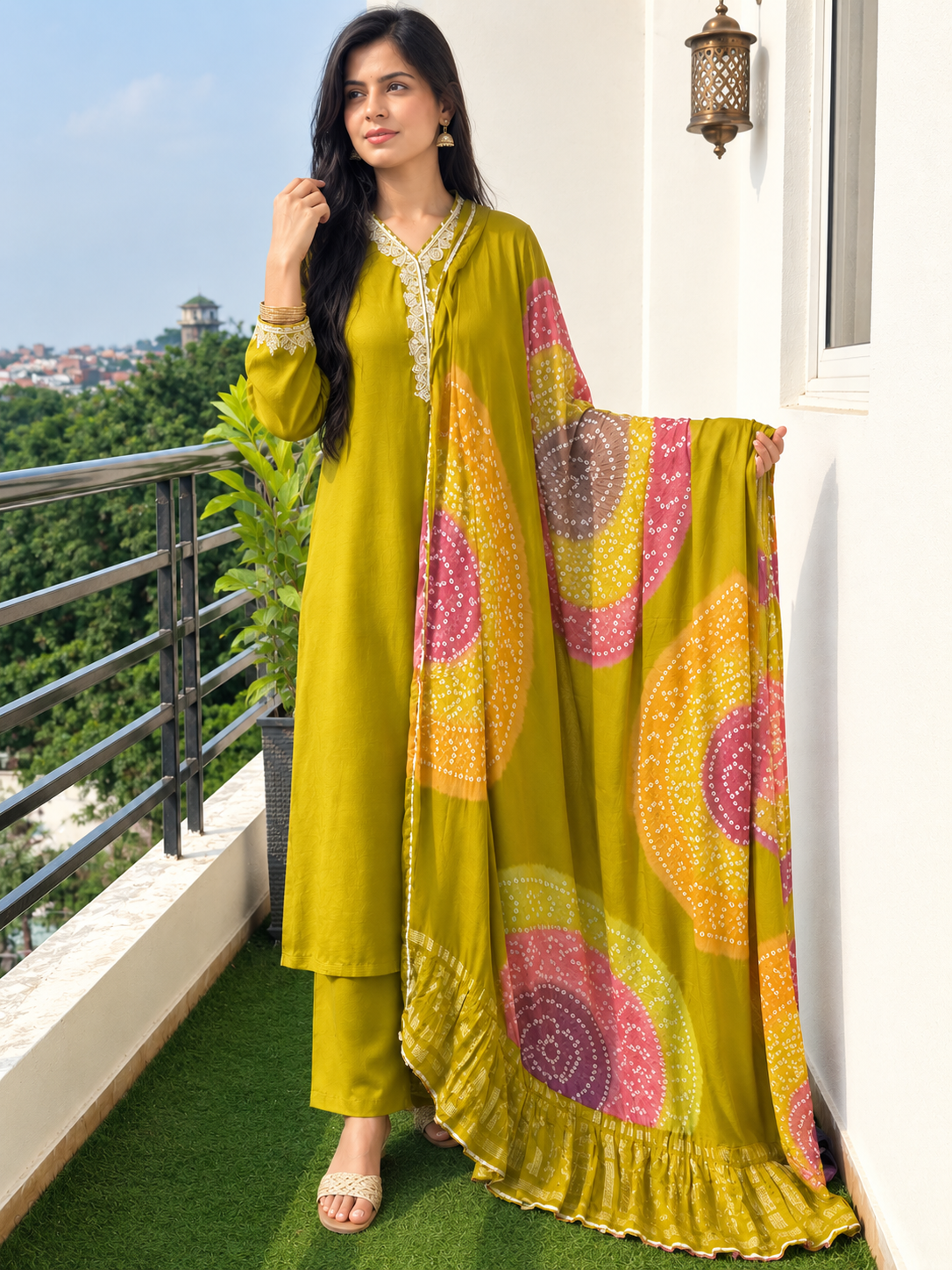 Modal Silk 3-Piece Bandhani Suit Set with Lace-Detail Neck & Sleeves