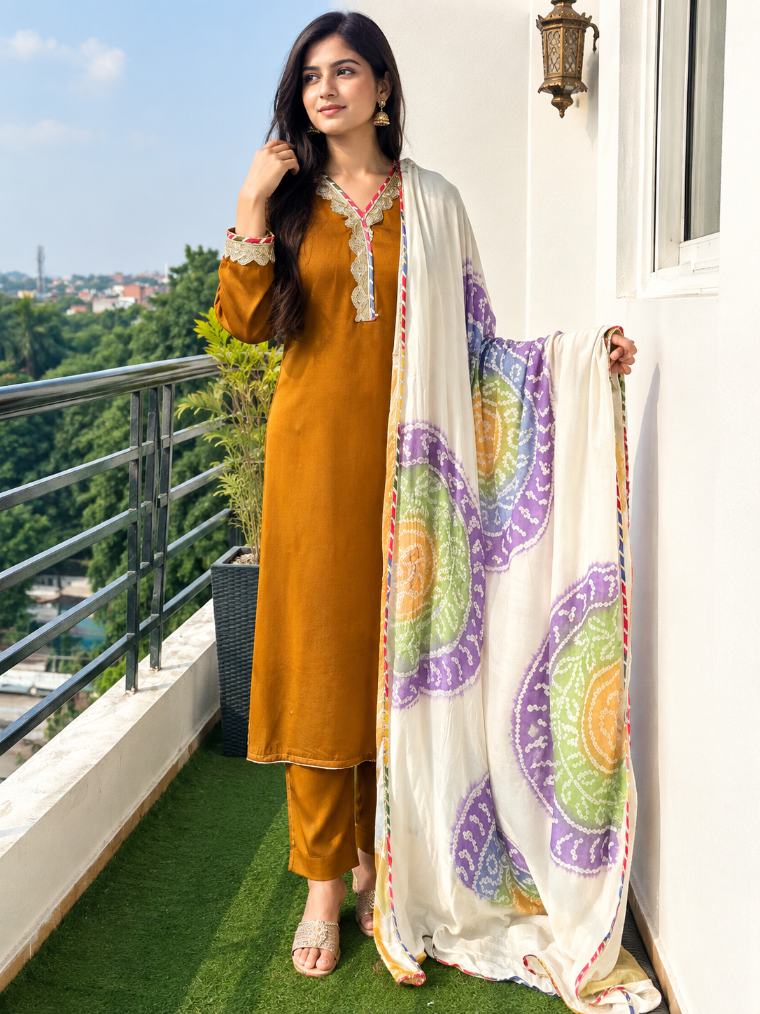 Modal Silk 3-Piece Bandhani Suit Set with Lace-Detail Neck & Sleeves