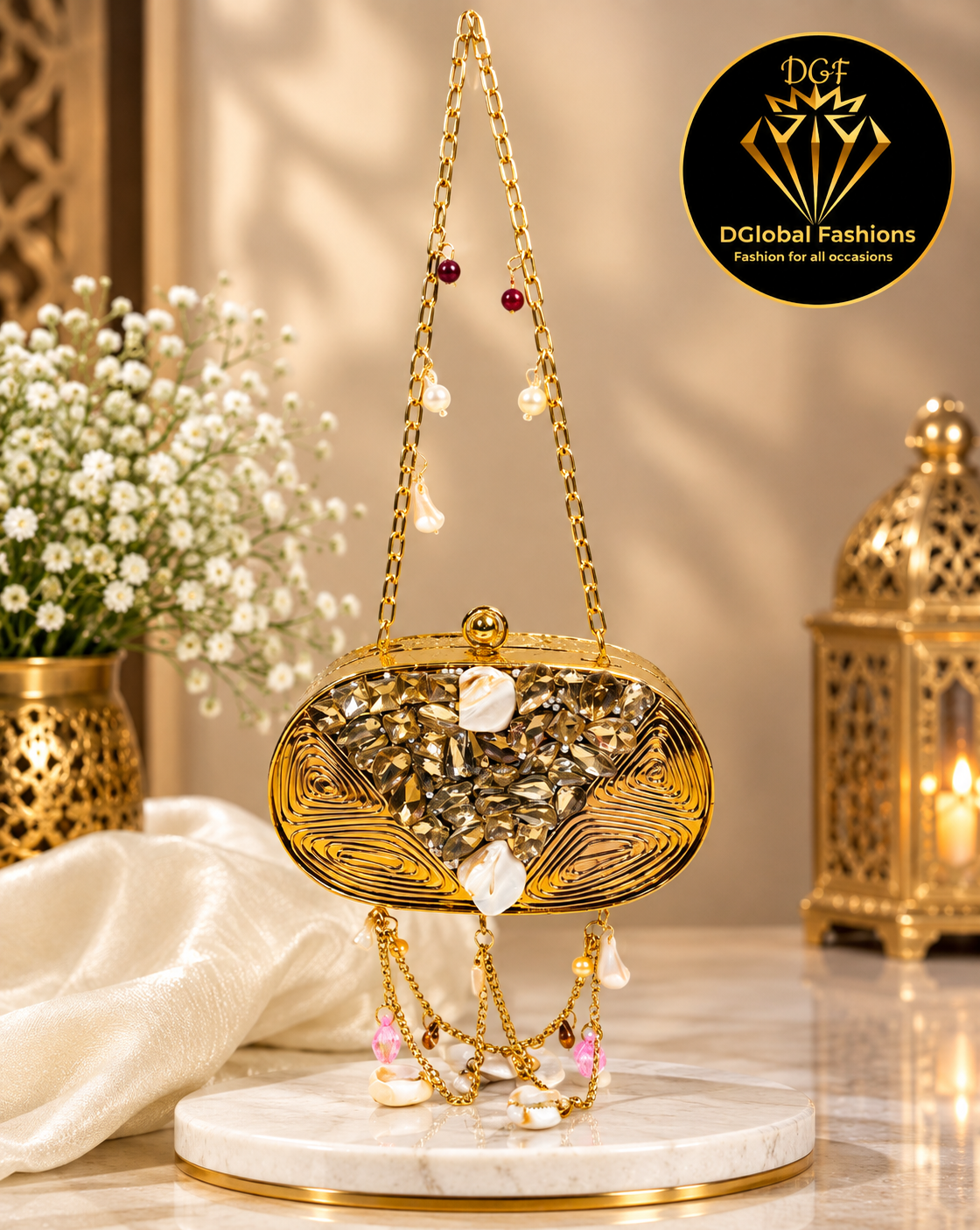 Handcrafted Shell Clutch with Crystal Embellishments & Chain Strap