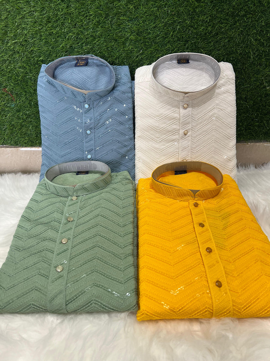 Elevate your ethnic wardrobe with this artisan-crafted kurta set featuring fine Chikankari and hand-placed sequins. Ideal for Diwali, sangeet, or a classy evening out.

