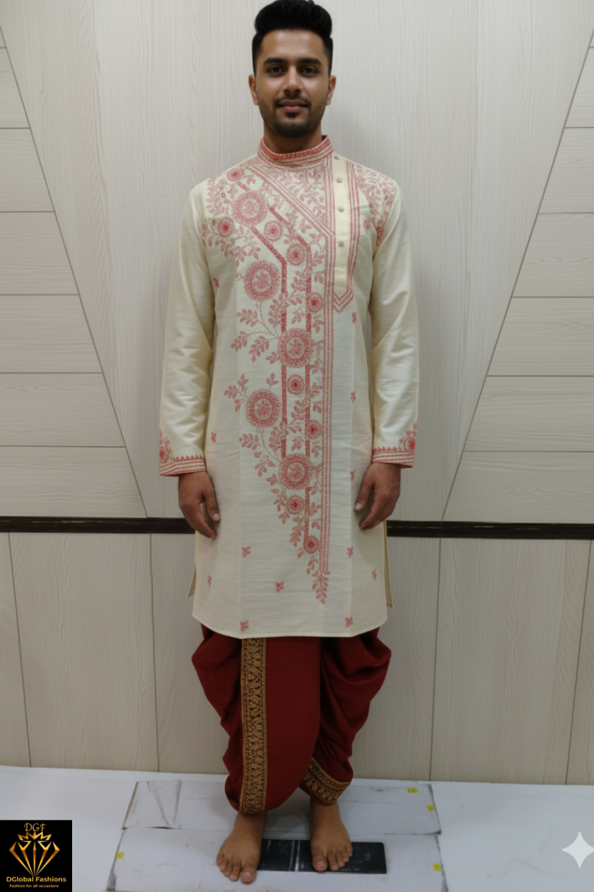 Men’s Jamdani Embroidered Kurta with Polo Pant – Traditional Festive Wear