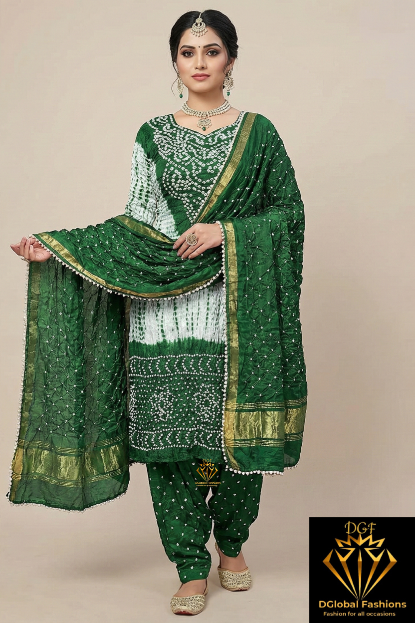 Hand Dyed Shibori & Rai Bandhej Unstitched Suit Set in Modal Silk