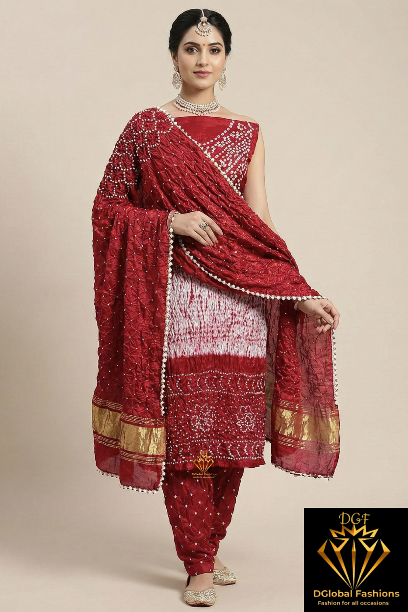 Hand Dyed Shibori & Rai Bandhej Unstitched Suit Set in Modal Silk