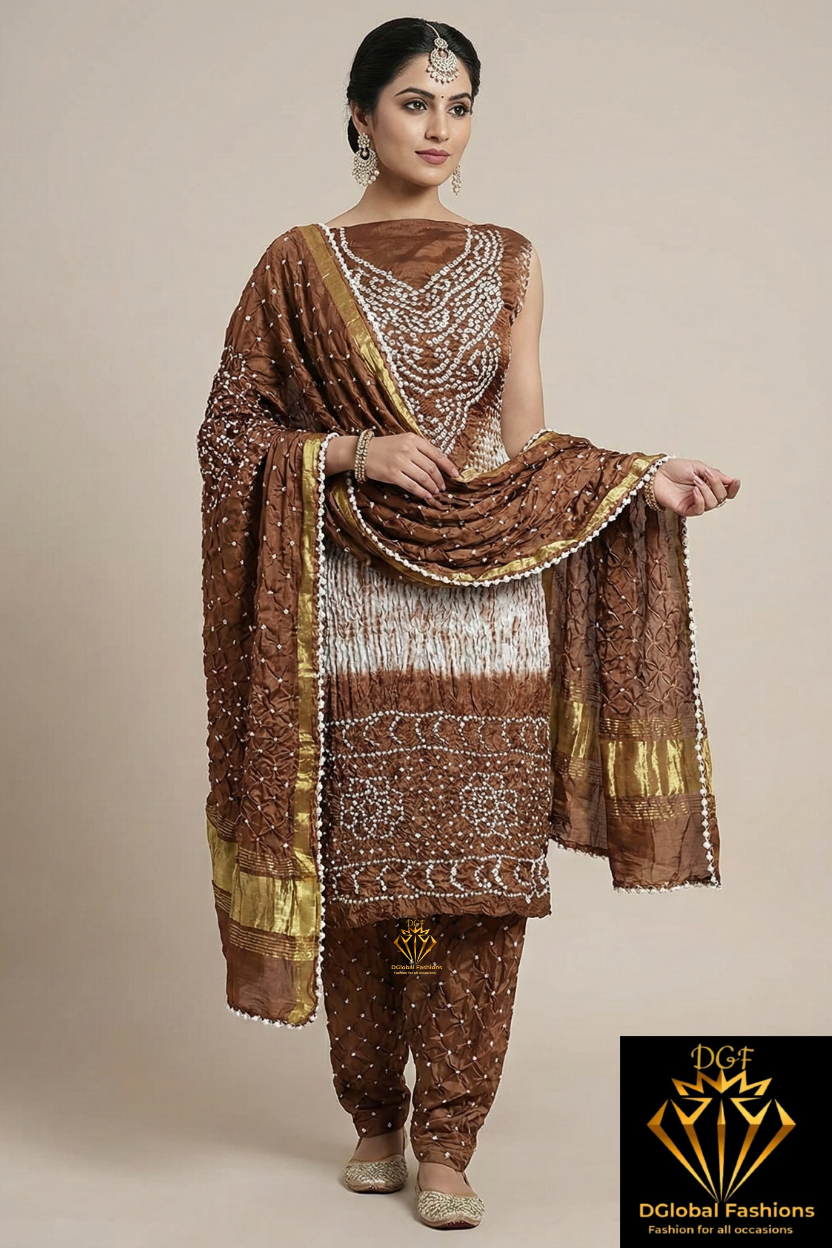 Hand Dyed Shibori & Rai Bandhej Unstitched Suit Set in Modal Silk