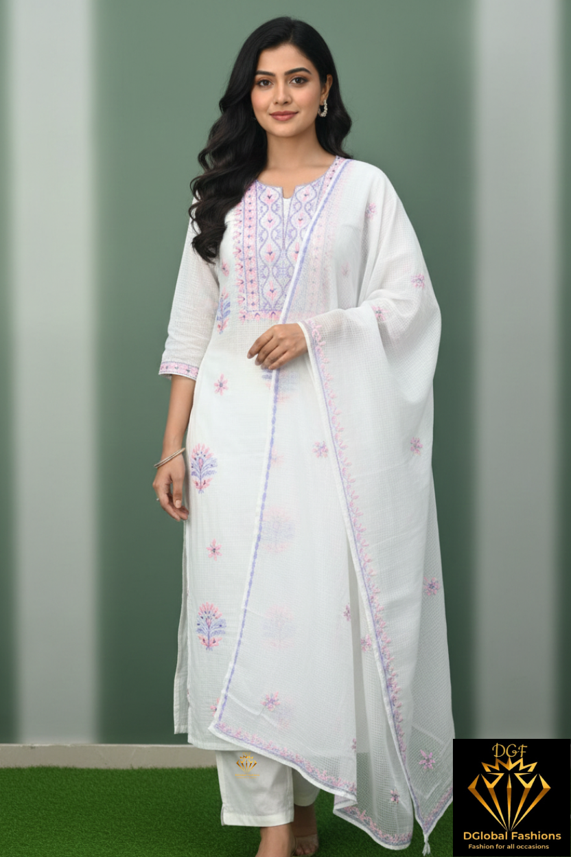 Unstitched Kota Fabric Lucknowi Multi-Thread Chikankari Kurta & Dupatta Set