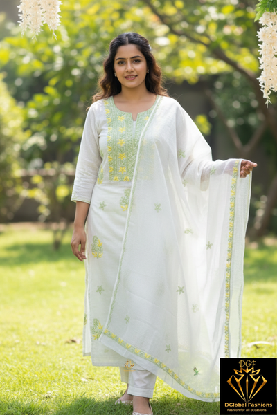 Unstitched Kota Fabric Lucknowi Multi-Thread Chikankari Kurta & Dupatta Set