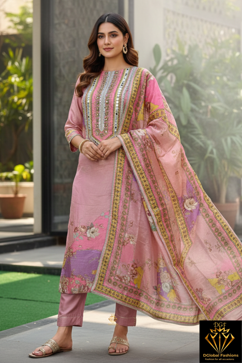 Tissue Shimmer Suit Set with Real Mirror Neckline & Lace-Trimmed Dupatta