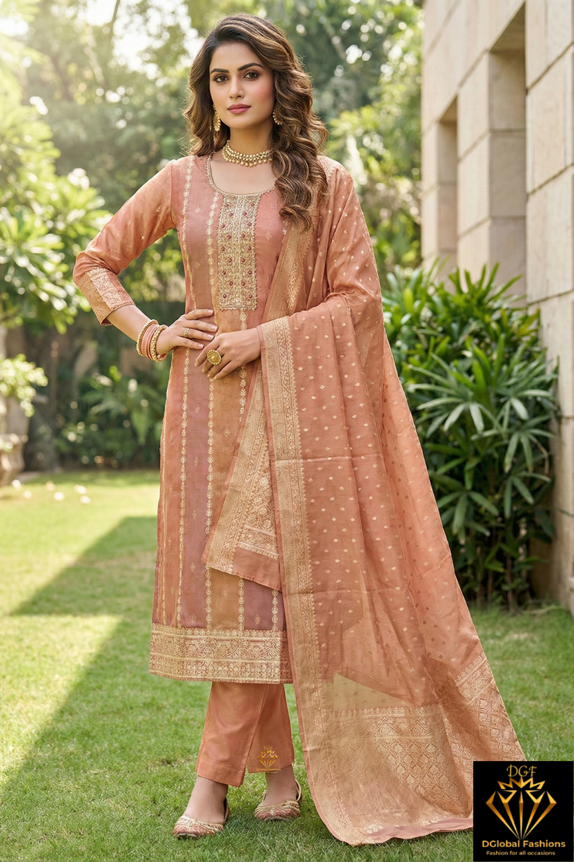 Banarasi Tissue Unstitched Suit Set with Intricate Zardozi Handwork