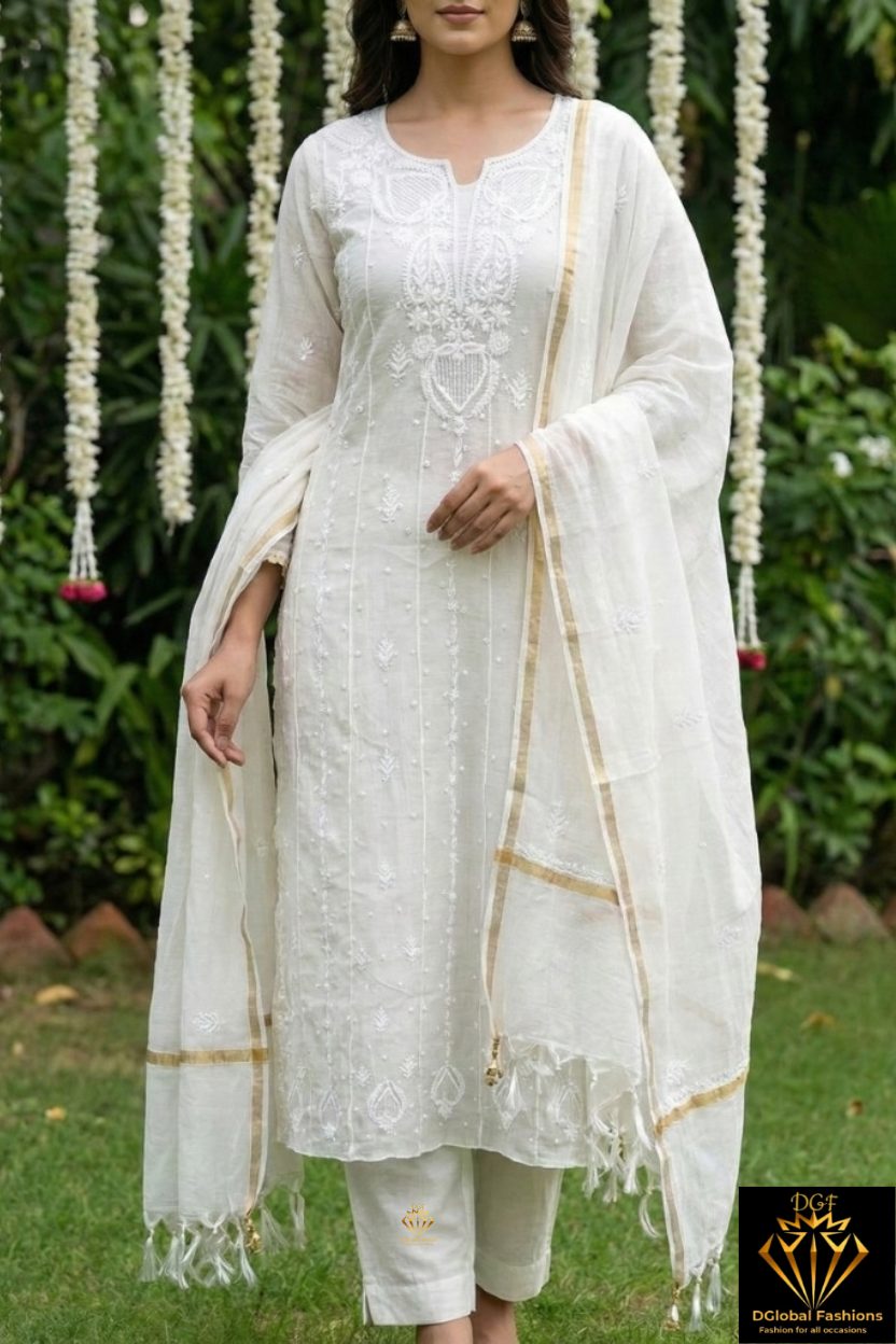 Mul Chanderi A-Line Anarkali with Dupatta featuring Pearl & Cutdana Work