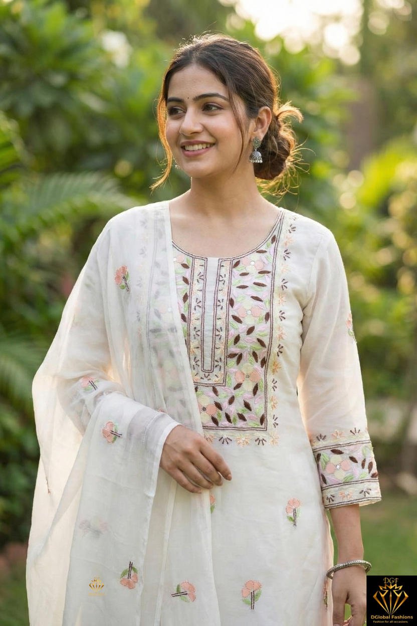 Lucknowi Chikankari Parsi Gara Crepe Unstitched Suit Set with Mirror & Pearl Handwork