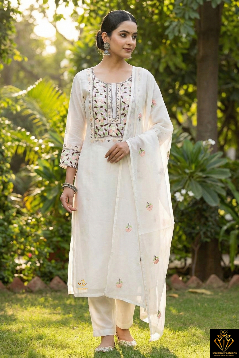 Lucknowi Chikankari Parsi Gara Crepe Unstitched Suit Set with Mirror & Pearl Handwork