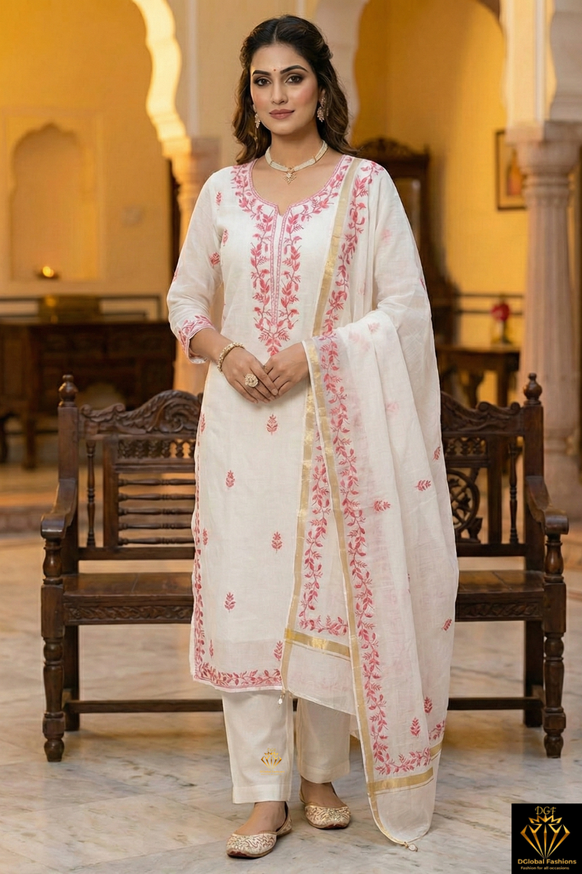 Lucknowi Chikankari Mul Chanderi Unstitched Suit with Kurta & Dupatta