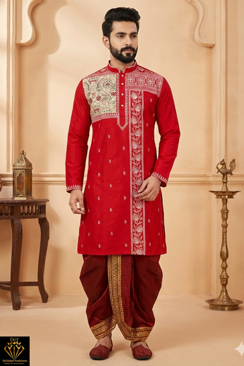 Men’s Jamdani Embroidered Kurta with Polo Pant – Traditional Festive Wear
