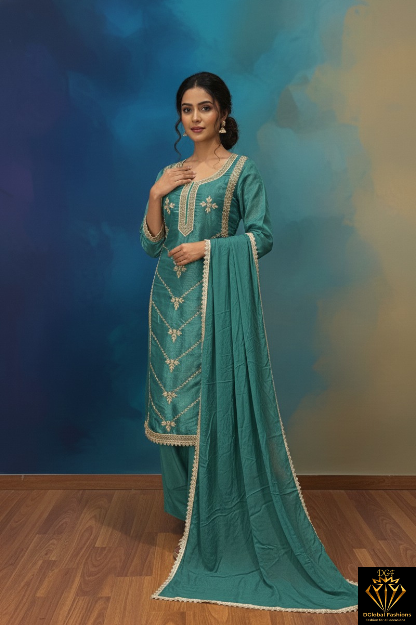 Silk Pearl & Cutdana Sequin Embroidered Kurta Set with Lace Border and Chiffon Dupatta