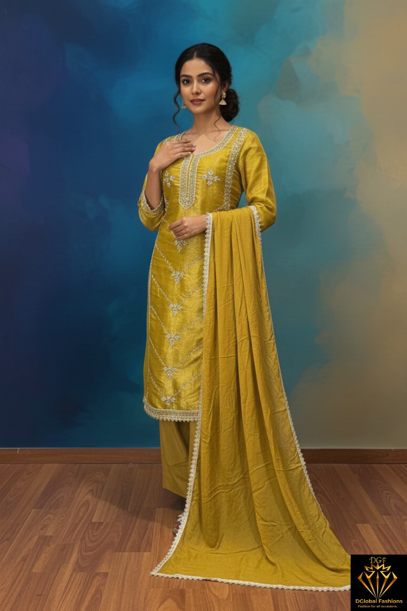 Silk Pearl & Cutdana Sequin Embroidered Kurta Set with Lace Border and Chiffon Dupatta