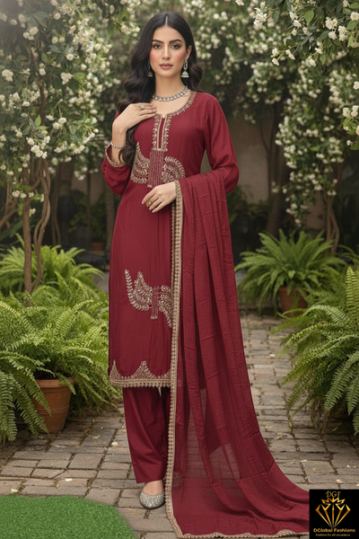 Pearl & Cutdana Real Mirror Embroidered Kurta Suit Set with Chiffon Dupatta