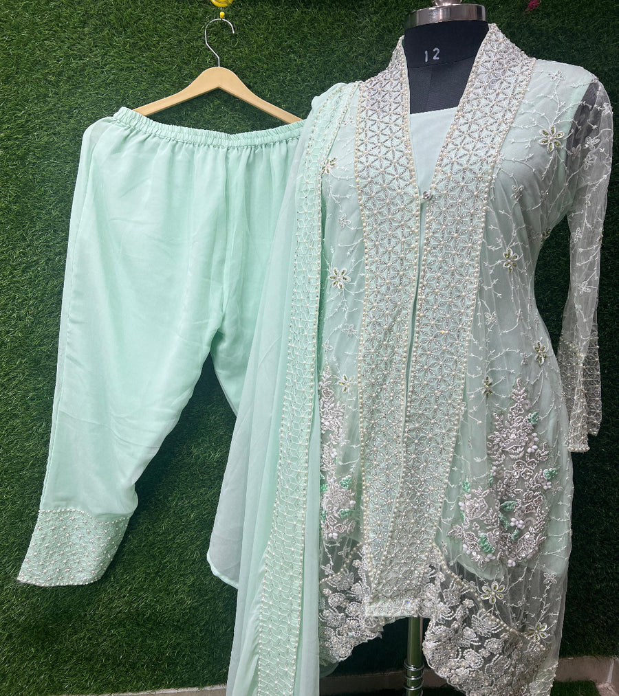 This emphasizes the elegance of the suit, highlights the handwork, and creates a luxurious feel
