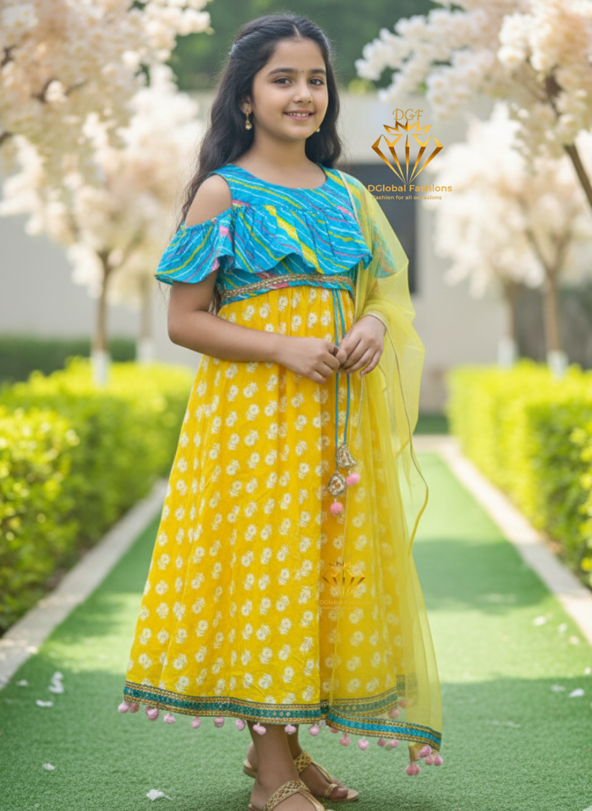 Yellow & Turquoise Printed Lehenga Choli Set With Dupatta