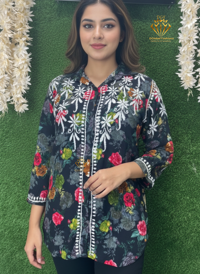 Mul Print Lucknowi Chikankari Shirt-Style Top