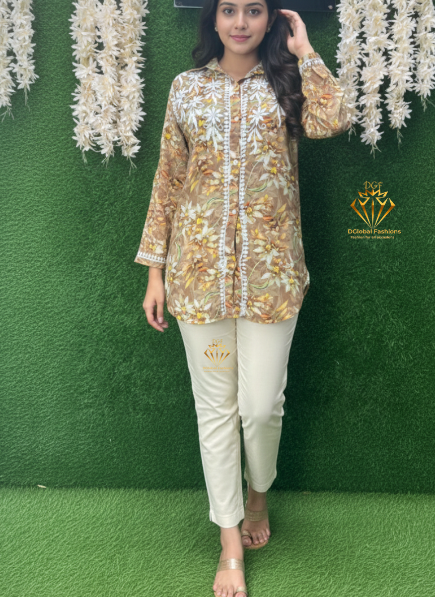 Mul Print Lucknowi Chikankari Shirt-Style Top