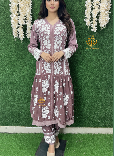 Crape Lucknowi Chikankari Co-Ord Set with Thread Work & Ombre Shade