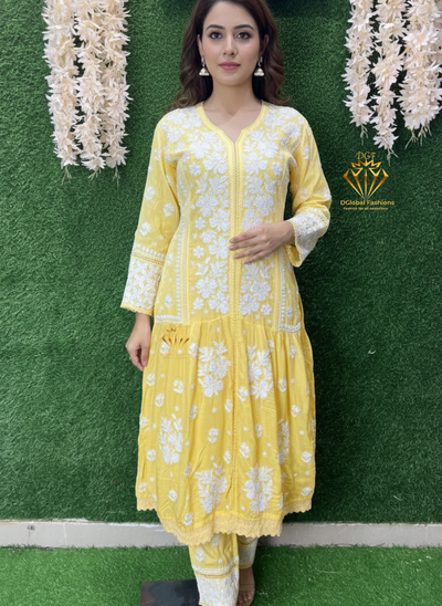 Crape Lucknowi Chikankari Co-Ord Set with Thread Work & Ombre Shade