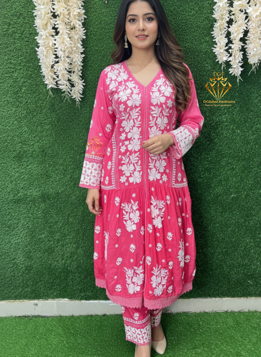 Crape Lucknowi Chikankari Co-Ord Set with Thread Work & Ombre Shade