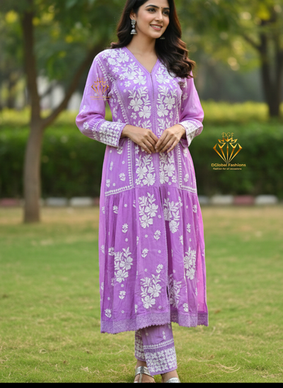 Crape Lucknowi Chikankari Co-Ord Set with Thread Work & Ombre Shade