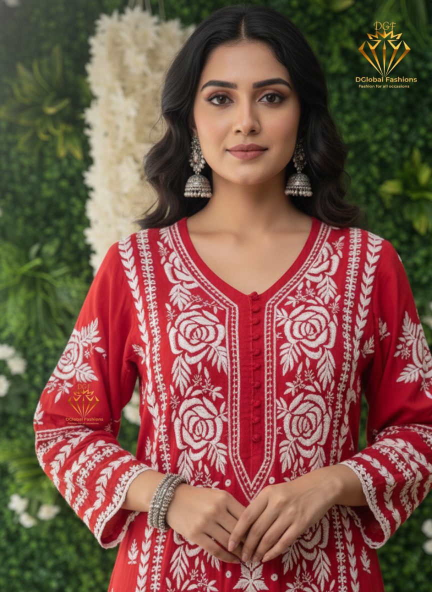 Lucknowi Chikankari  Muslin Silk Maharani long Dress with Full Lace Work