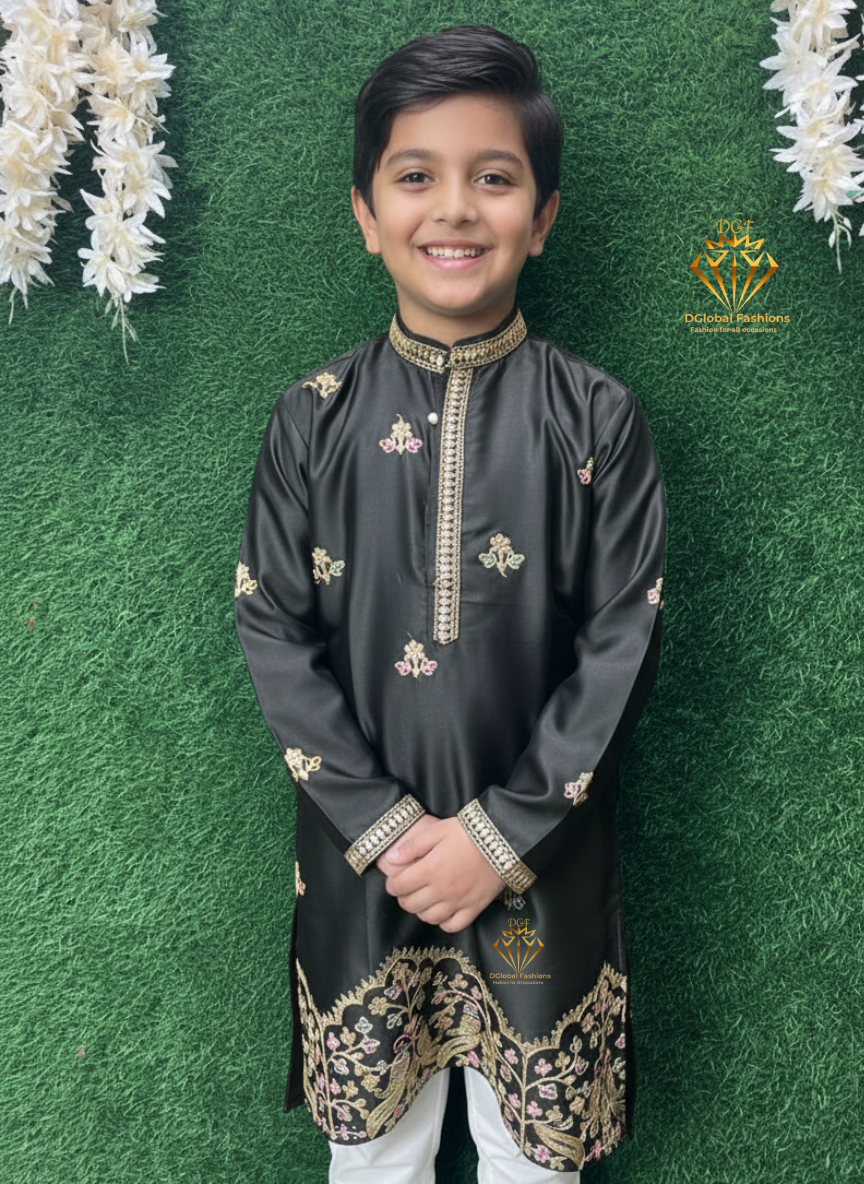 Partywear Embroidered Kurta Pajama Set with Floral & Peacock Detailing