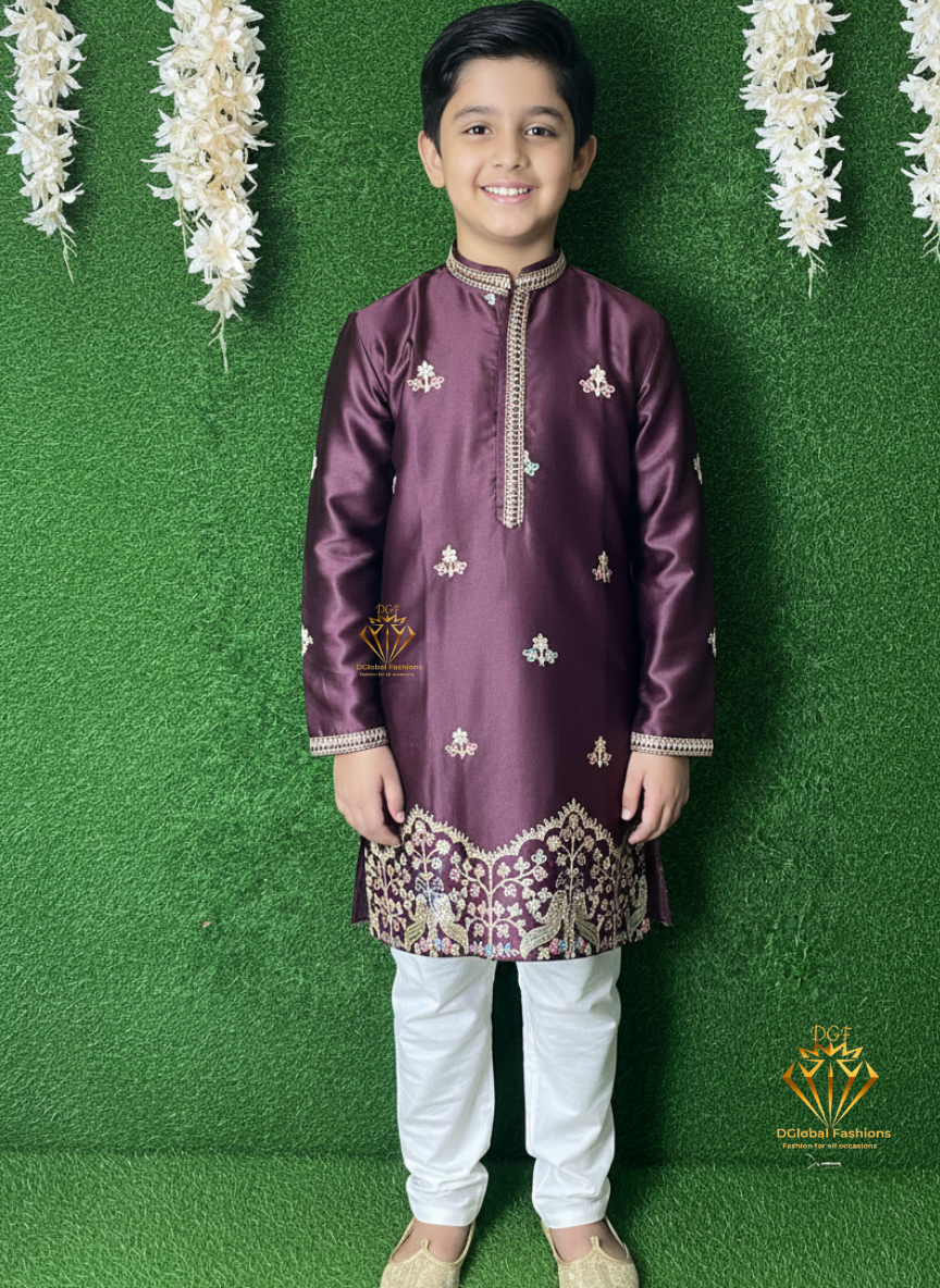 Partywear Embroidered Kurta Pajama Set with Floral & Peacock Detailing