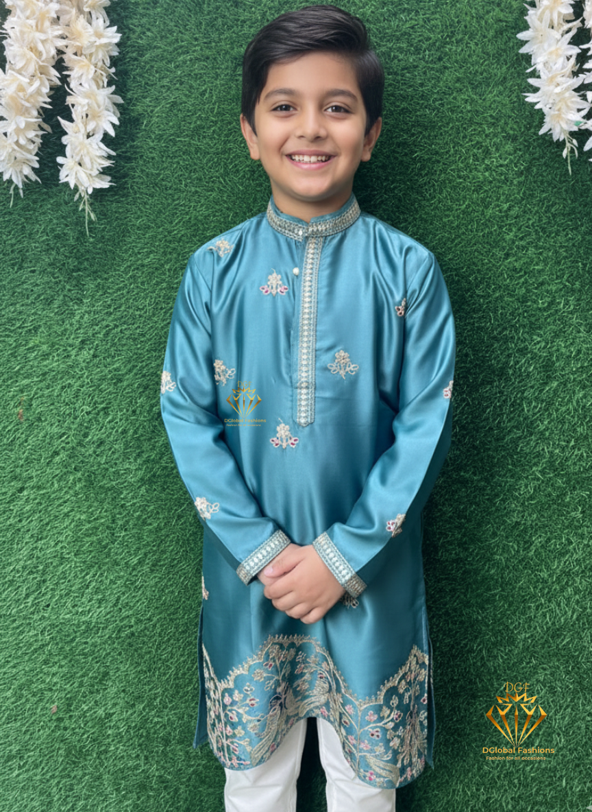 Partywear Embroidered Kurta Pajama Set with Floral & Peacock Detailing