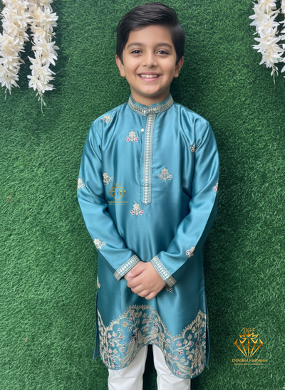 Partywear Embroidered Kurta Pajama Set with Floral & Peacock Detailing